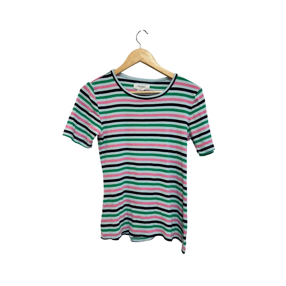 Workshop Republic Clothing Striped Short Sleeve Knit Top Pink Green Blue Navy M